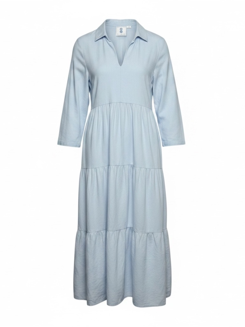CJ Laing Light Blue Tiered Midi Dress Long Sleeve Split Neck Cotton Linen Small